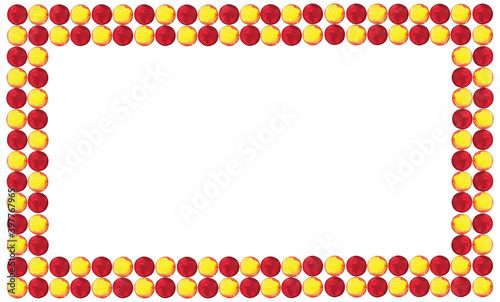 Rectangular frame of red and yellow  confetti in checkers pattern. Pizza party, Birthday, Easter background for greeting decor. Watercolor hand drawn isolated elements on white background.