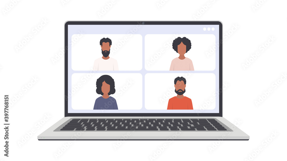 Online conference. Application window for video communication. Modern glossy laptop with white screen. Isolated over white background. Vector eps10