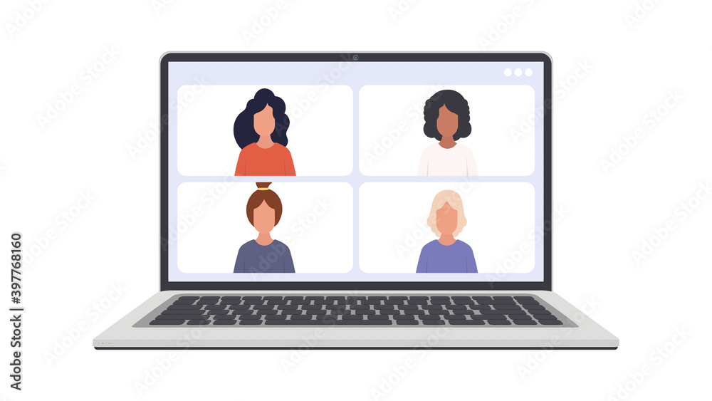 Online conference. Application window for video communication. Modern glossy laptop with white screen. Isolated over white background. Vector eps10 Online conference. Application window for video communication. Modern glossy laptop with white screen. Isolated over white background. Vector eps10