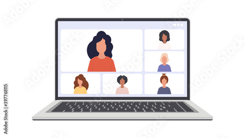 Online conference. Application window for video communication. Modern glossy laptop with white screen. Isolated over white background. Vector eps10