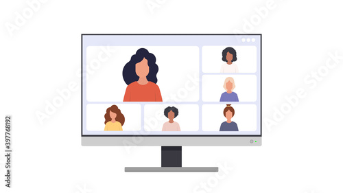 Application window for video communication. Modern glossy white screen monitor. For advertising design. Isolated over white background. Vector