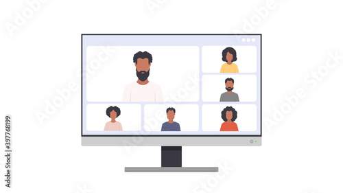 Application window for video communication. Modern glossy white screen monitor. For advertising design. Isolated over white background. Vector