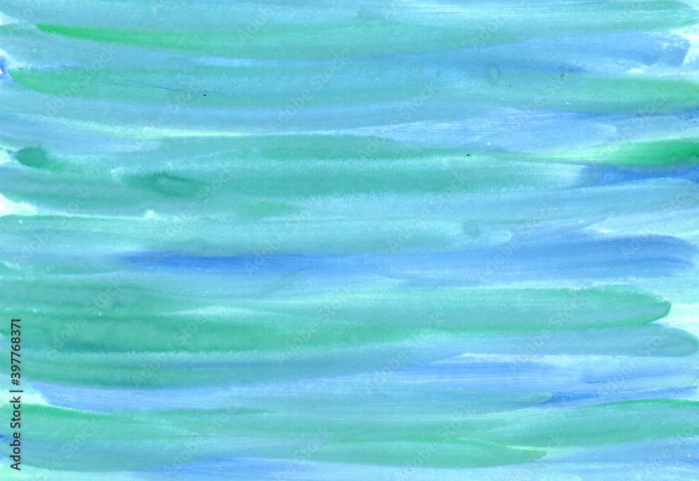 Obraz premium Abstract colorful watercolor background. Watercolor wet texture. Green, blue, purple and white colors mixed together. Abstract hand drawn lines. Gradient with splash texture. Beautiful creative print