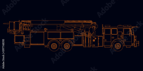Outline of a detailed fire engine from orange lines on a dark background. Side view. Vector illustration