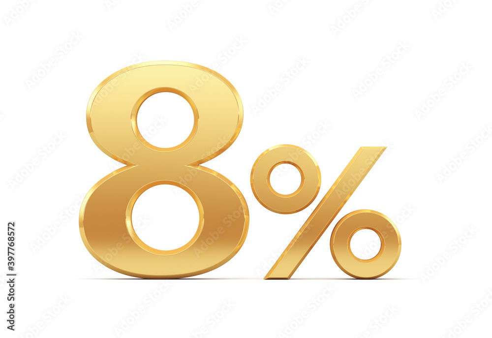 8% discount on sale. Gold eight percent isolated on white background. 3d rendering. Illustration for advertising. 8% discount on sale. Gold eight percent isolated on white background. 3d rendering. Illustration for advertising.