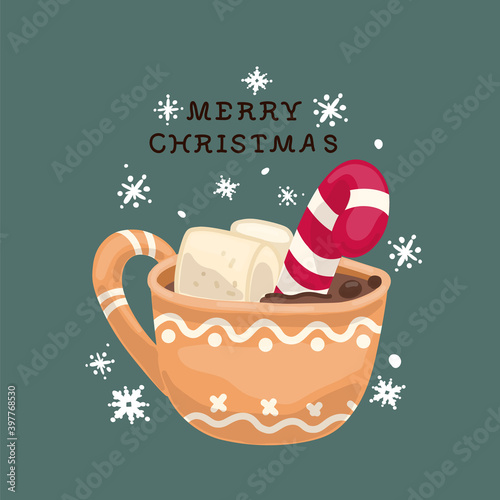 Merry Christmas composition  coffee with marshmallows and caramel. Doodle for textiles  t-shirts or postcards. Lettering handwriting. Holiday concept. Xmas card illustration.