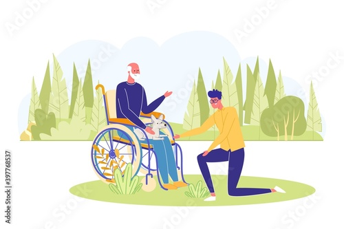 Man with Handicapped Grandfather Walking in Park.