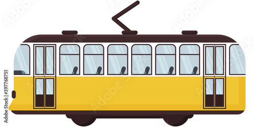 yellow retro tram in flat style. Vector illustration
