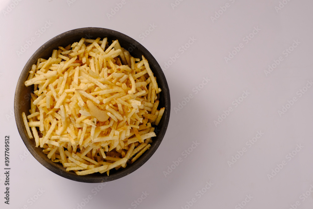 Indian style deep fried snacks falahari chivda- chivda or mixture namkeen with dry fruits. Indian style deep fried snacks falahari chivda- chivda or mixture namkeen with dry fruits.