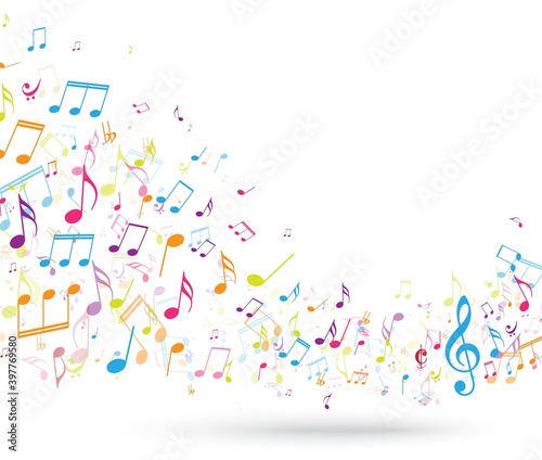Colorful music notes background isolated on white