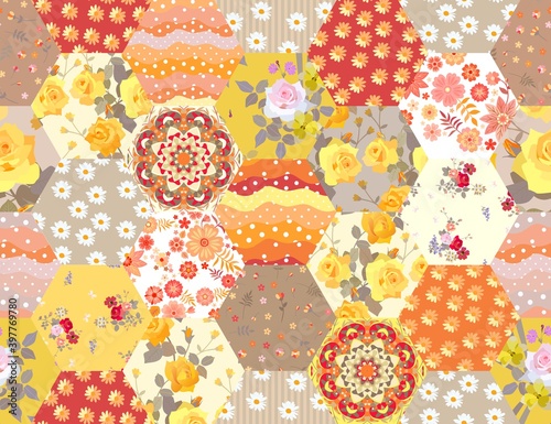 Cute seamless patchwork pattern with flowers and polka dot ornaments in warm yellow colors
