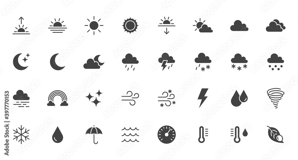 Weather flat icons set. Sun, rain, thunder storm, dew, wind, snow cloud, night sky black minimal vector illustrations. Simple glyph silhouette signs for web, forecast app