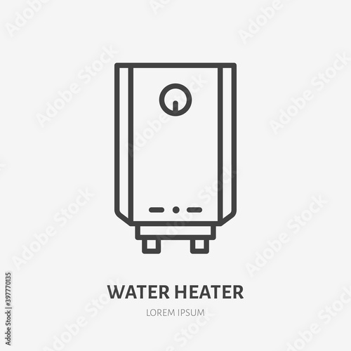 Boiler room flat line icon. Vector outline illustration of water heating. Black color thin linear sign for home interior