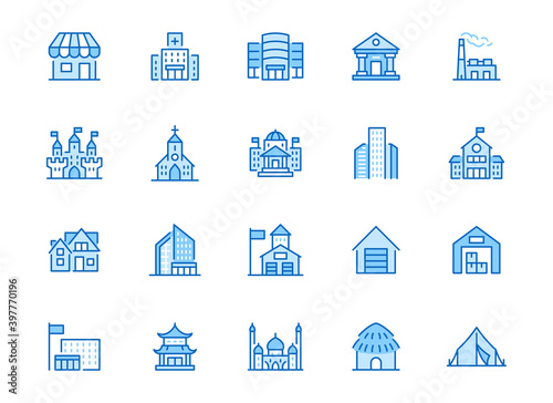 City building line icons set. Hospital, hotel, bank, mall, government hall, castle, police minimal vector illustrations. Simple flat outline sign for web, app. Blue color, Editable Stroke