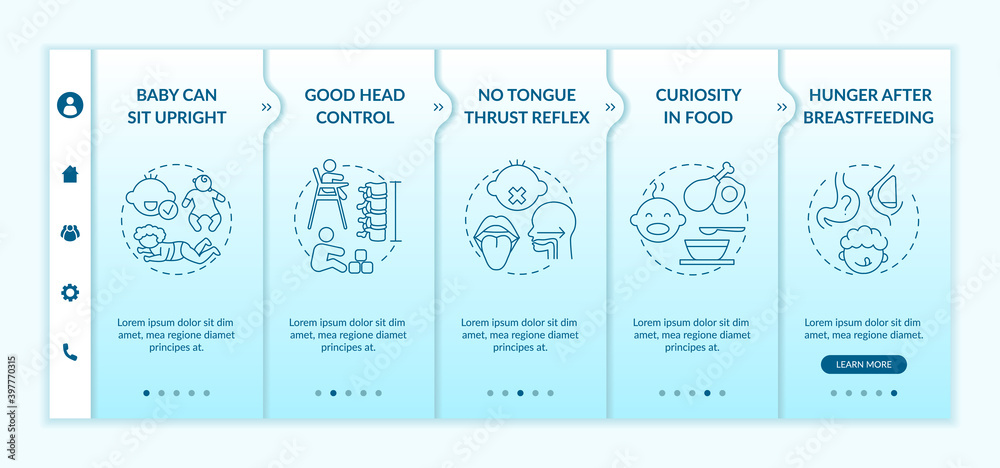 Introducing baby food requirements onboarding vector template. No tongue thrust reflex. Curiosity in food. Responsive mobile website with icons. Webpage walkthrough step screens. RGB color concept