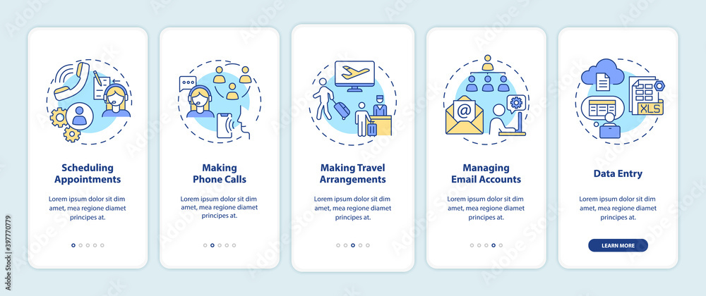 Manager clerical task onboarding mobile app page screen with concepts. Secretary office work walkthrough 5 steps graphic instructions. UI vector template with RGB color illustrations