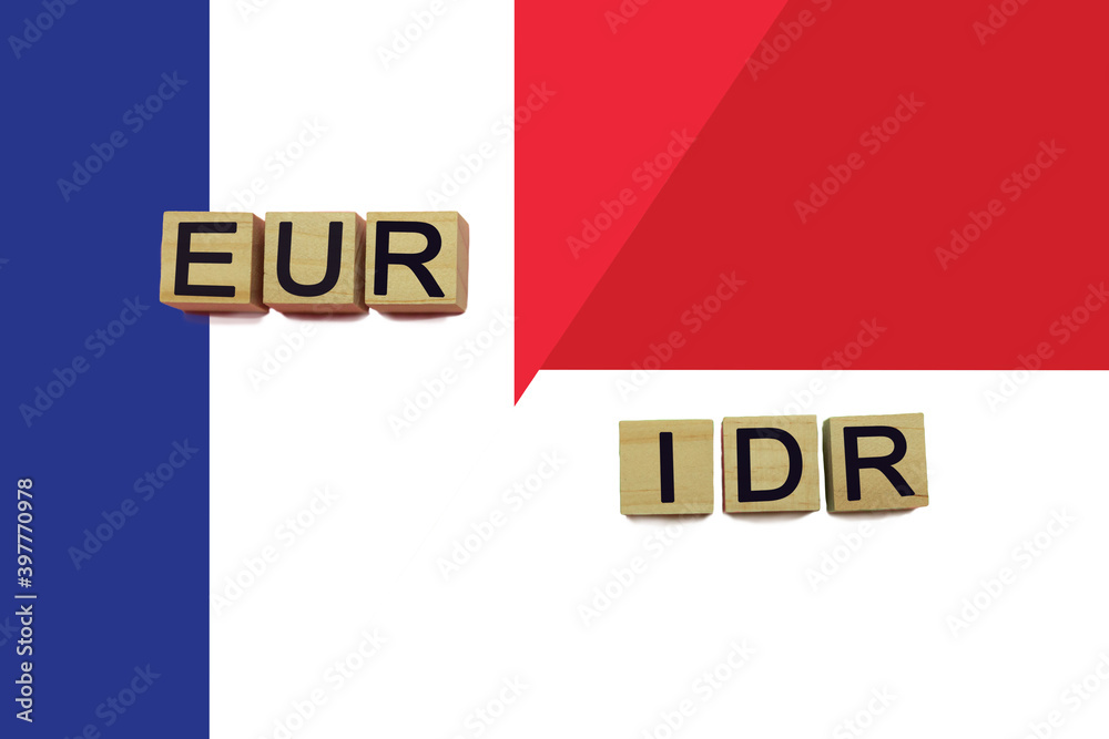 France and Indonesia currencies codes on national flags background