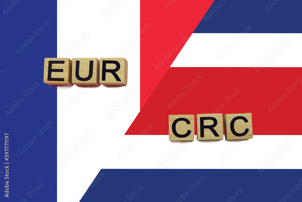 France and Costa Rica currencies codes on national flags background