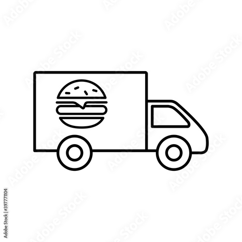 Comida para llevar. Logotipo con hamburguesa en vehículo de reparto con lineas en color negro