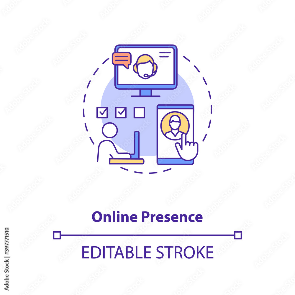 Online presence concept icon. Social media manager. Network specialist. Remote worker. Virtual assistant help idea thin line illustration. Vector isolated outline RGB color drawing. Editable stroke Online presence concept icon. Social media manager. Network specialist. Remote worker. Virtual assistant help idea thin line illustration. Vector isolated outline RGB color drawing. Editable stroke