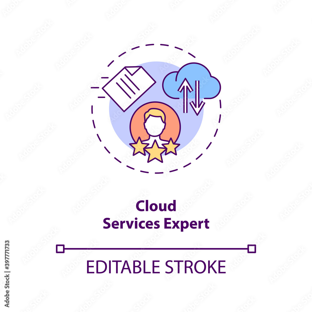 Cloud services expert concept icon. IT professional. Computing specialist. Virtual assistant skill idea thin line illustration. Vector isolated outline RGB color drawing. Editable stroke