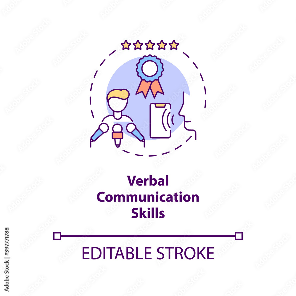 Verbal communication skills concept icon. Business networking. Leader eloquence. Virtual assistant ability idea thin line illustration. Vector isolated outline RGB color drawing. Editable stroke