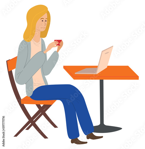 Woman sitting at a table at home drinking coffee and correspondence surfing the Internet. Girl communicating through network on the laptop. Social media network communication digital gadget addiction