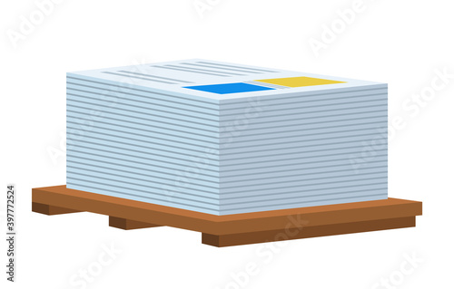 Stack of paper sign, template design element, Vector illustration the documents are stacked on a wooden pallet. Stacked pile of print house products, large sheets of paper isolated on white background