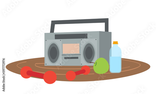 Retro tape recorder for audio cassettes, dumbbells, apple and water bottle lie on a carpet flat style illustration. Concept of sport occupation at home. Active lifestyle, playing sports to the music