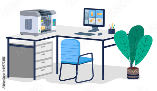 Industrial 3D printer prints a box concept. Print house equipment on the table with computer. Modern print technologies, empty operator workplace with printing machine isolated on white