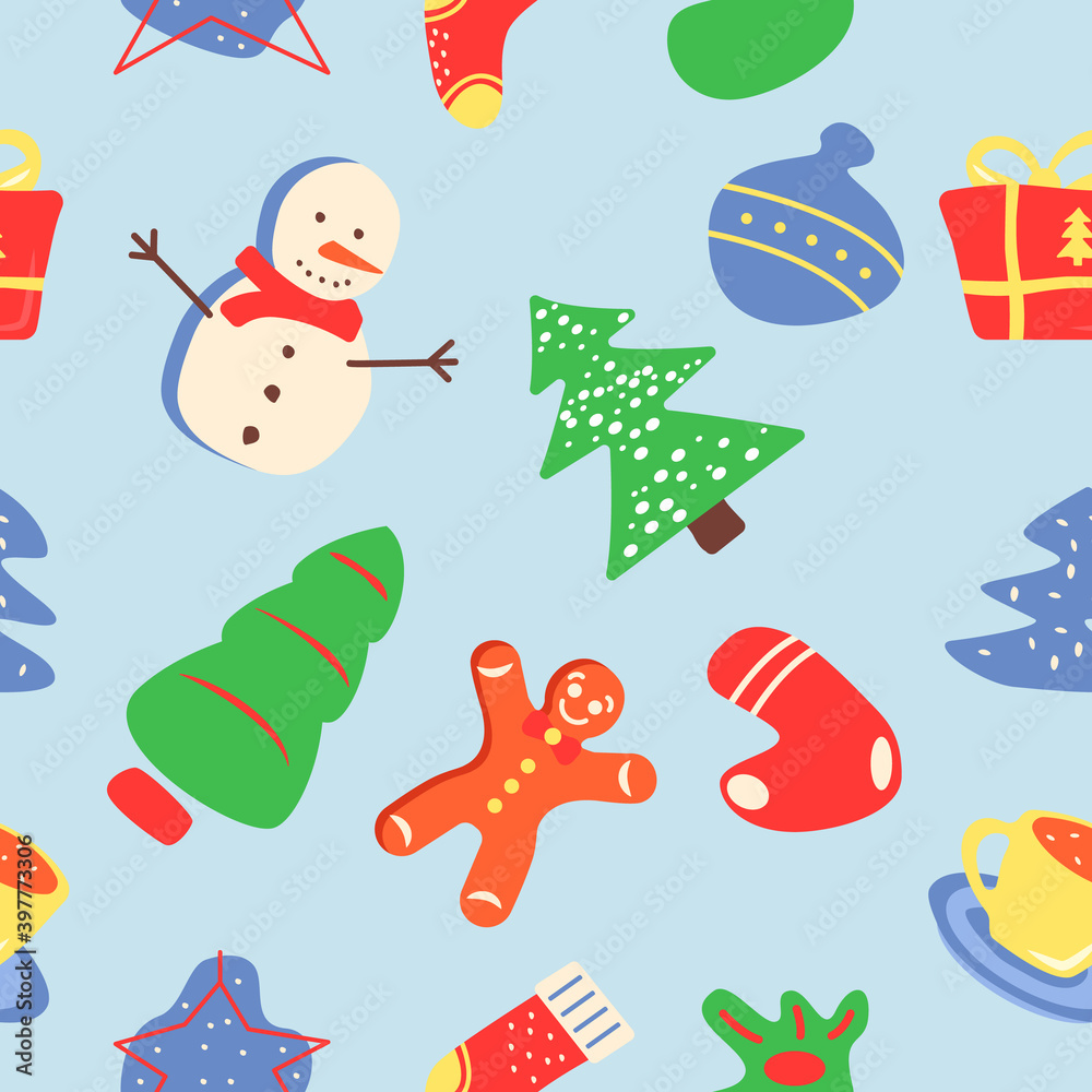 Fototapeta premium Merry Christmas abstract seamless pattern. Winter season holiday greeting. Geometric flat vector shapes. Wintertime texture with cartoon color icons. Decorative boho design with graphic elements