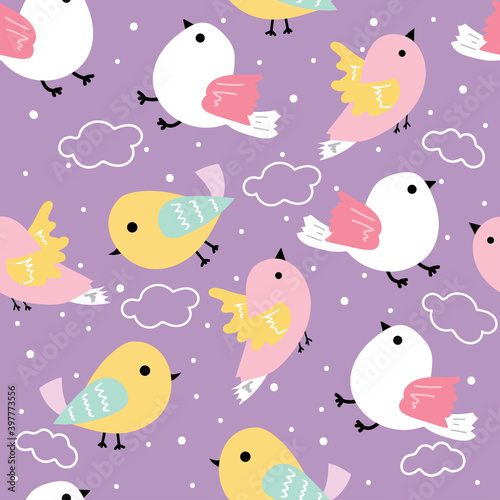 Seamless pattern with cartoon birds and clouds. for fabric print, textile, gift wrapping paper. colorful vector for kids, flat style