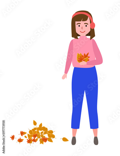 Woman enjoying with falling leaves vector illustration. Autumn scenery and activity. Girl isolated on white background. Female character in warm clothes picking leaves during the cool season