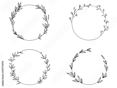 hand drawn frames. Hand drawn vector frame. Clipart. Floral wreath with leaves for wedding and celebration. Decorative elements for the design of cards, invitations