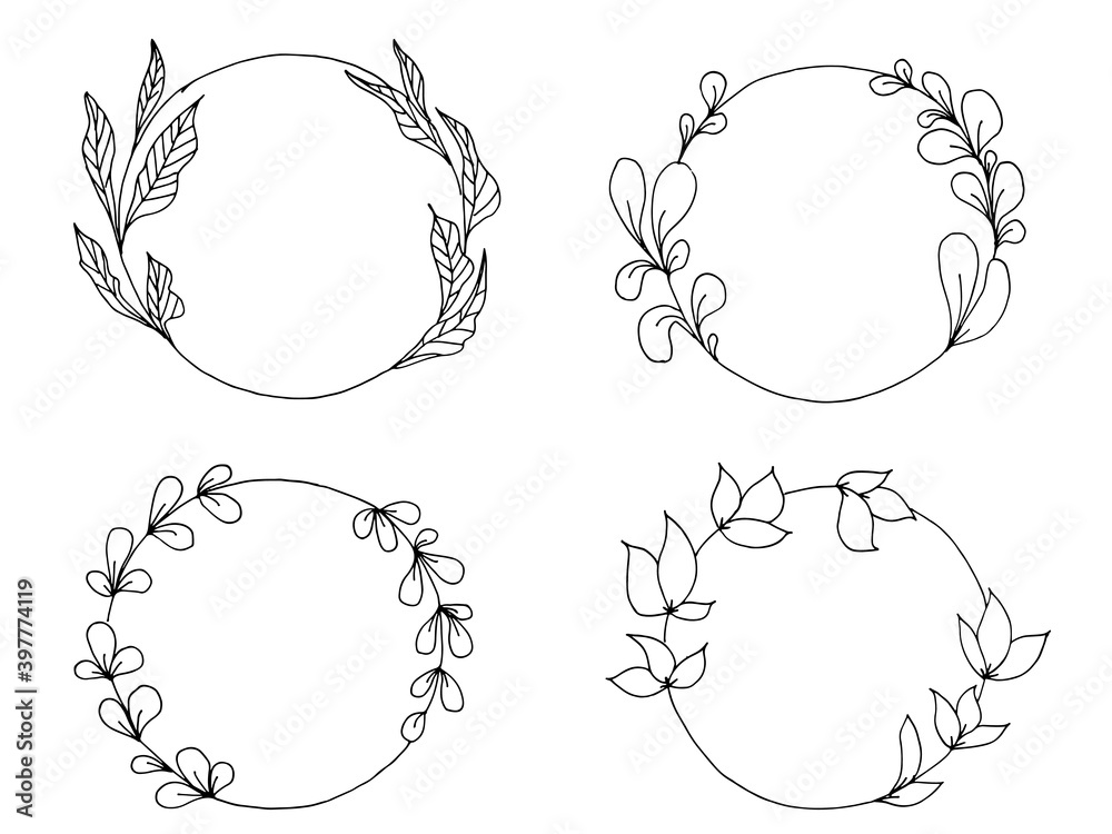Hand drawn vector frame. Floral wreath with leaves for wedding and holiday. Decorative elements for design. Isolated. 4 vector new year frames. Botanical frames for decorating New Year cards
