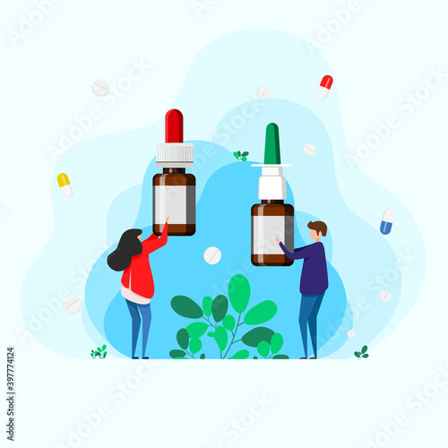 Man and woman holding nasal drops and spray to ease breathing during allergy and illness. concept Otolaryngology treatment rhinitis, allergies. Vector illustration