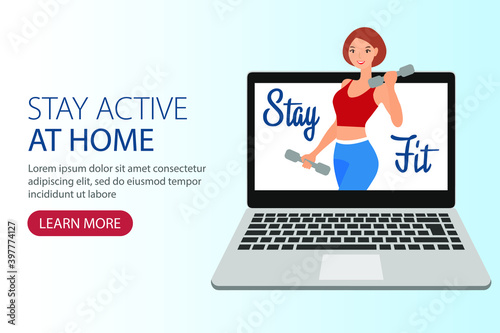 The concept of the fitness class landing page template. Fitness instructor on a laptop monitor.Stay in shape.Home fitness, train at home.Vector illustration.