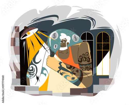 Criminal man counting stolen money at night vector