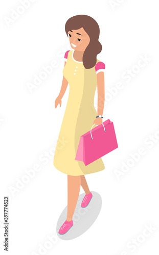 The girl shopper holds package vector illustration. Young girl in yellow dress with pink paper bag isolated on white. Cute woman goes for a walk. Female character coming from the store with a purchase