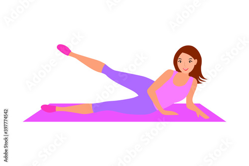 A girl plays sports on a Mat.The concept of a healthy and active lifestyle.Sports activities, training, exercises, fitness.Vector illustration