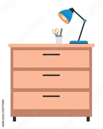 Wooden light brown chest of drawers, lamp and medical supplies on the top. Made of natural materials, commode furniture isolated on white. Furnishing for interior of medical office vector illustration