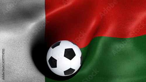 3D rendering of the flag of Madagascar with a soccer ball