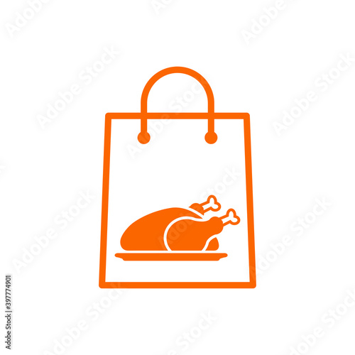 Comida para llevar. Logotipo con pavo o pollo asado en bolsa de la compra en color naranja