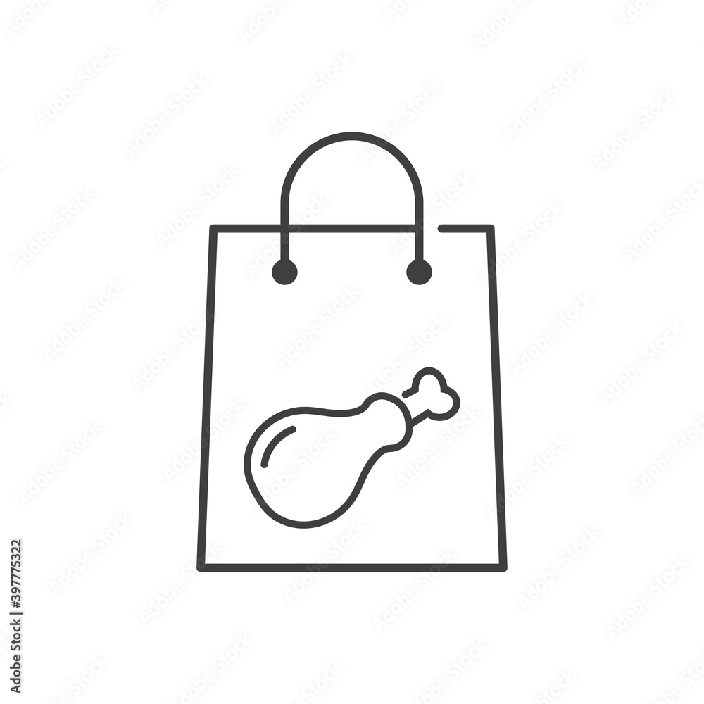 Comida para llevar. Logotipo con muslo de pavo o pollo asado en bolsa de la compra con lineas en color gris