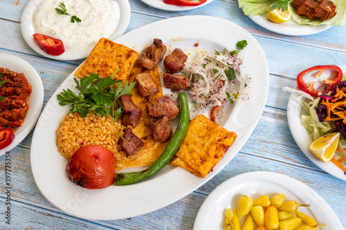 meat shish kebab in a plate with appetizers