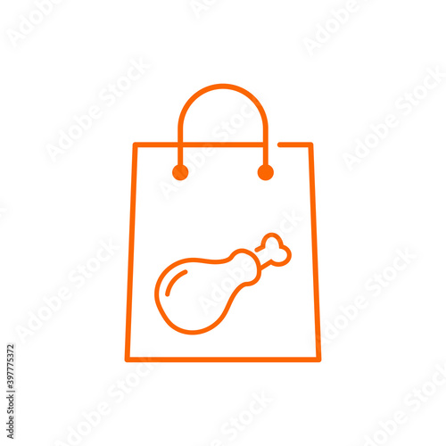 Comida para llevar. Logotipo con muslo de pavo o pollo asado en bolsa de la compra con lineas en color naranja