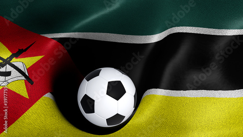 3D rendering of the flag of Mozambique with a soccer ball