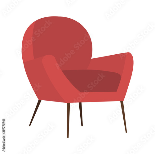 Soft red chair upholstered in cloth isolated on white background. Furniture for interior design flat vector illustration. Interior item on wooden legs. Furniture model made of wood for sitting