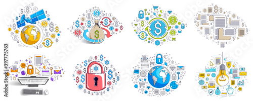 Business and finance theme different vector illustrations set with a lot of simple icons, trendy design drawings commercial theme collection, diversity of symbols and signs.