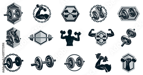 Gym fitness sport emblems and logos vector set isolated with barbells dumbbells kettlebells and muscle body man silhouettes and hands, athletics workout sport club, active lifestyle.
